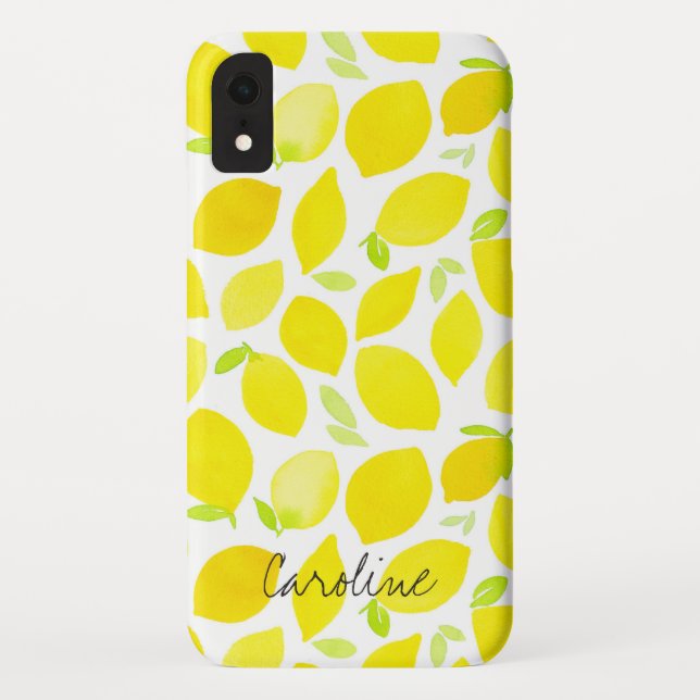 Capa Para iPhone, Case-Mate Nome personalizado | Padrão de limões amarelo-aqua (Verso)