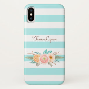 Capa Para iPhone X O Aqua chique listra floral e conhecido femininos