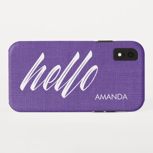 Capa Para iPhone, Case-Mate Olá White Script Name Purple Linen Texture (Verso (Horizontal))