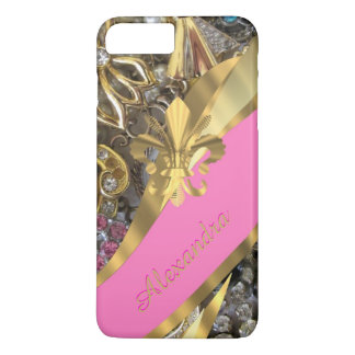 Capa iPhone 8 Plus/7 Plus Ouro elegante chic personalizado e borla rosa