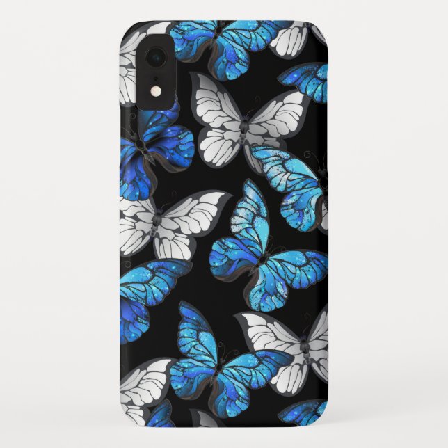 Capa Para iPhone, Case-Mate Padrão contínuo escuro com borboletas azuis Morpho (Verso)