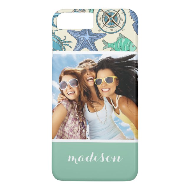 Capa Para iPhone, Case-Mate Padrão De Animais Do Mar Teal | Sua Foto e Nome (Verso)