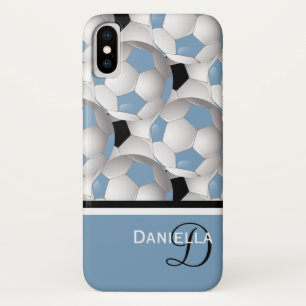 Capa Para iPhone X Padrão de bola de futebol preto azul-claro monogra