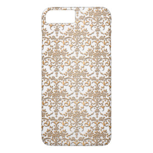 Capa iPhone 8 Plus/7 Plus Padrão de Damasco Dourado e Branco EleganteFloral