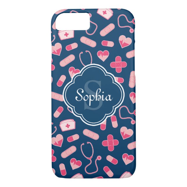 Capa Para iPhone, Case-Mate Padrão de Enfermeira Rosa e Azul com Monograma (Verso)