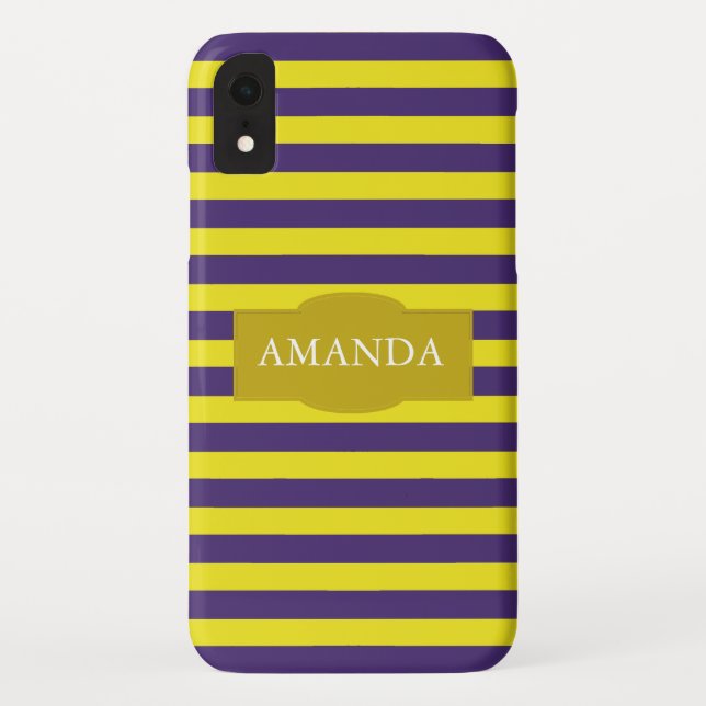 Capa Para iPhone, Case-Mate Padrão de Listra Amarela e Roxa Monograma (Verso)