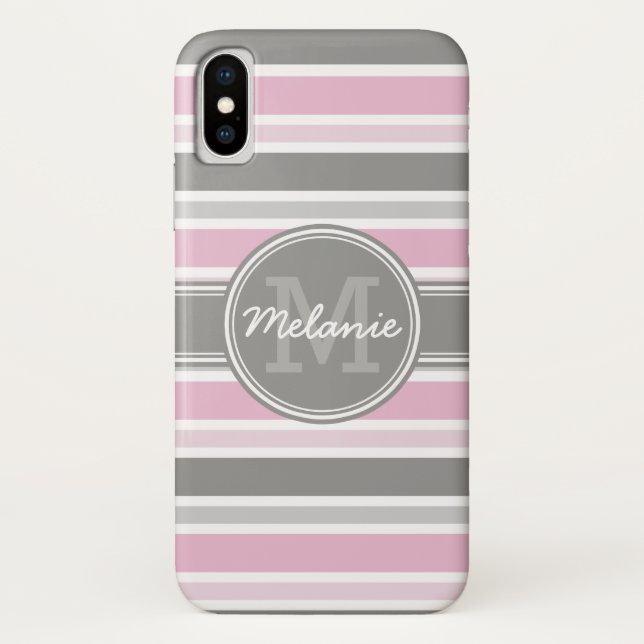 Capa Para iPhone, Case-Mate Padrão de risca rosa e Cinza monograma (Verso)