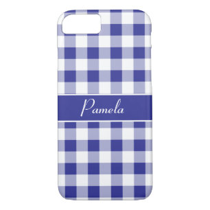Capa iPhone 8/ 7 Padrão de Xadrez de Buffalo Branco Azul Personaliz