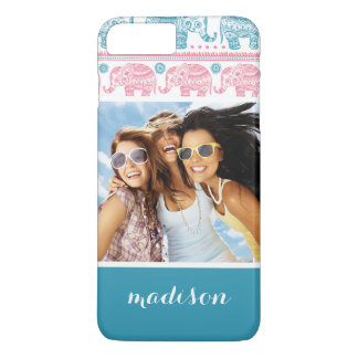 Capa iPhone 8 Plus/7 Plus Padrão Personalizado de Foto e Nome Rosa e Elefant