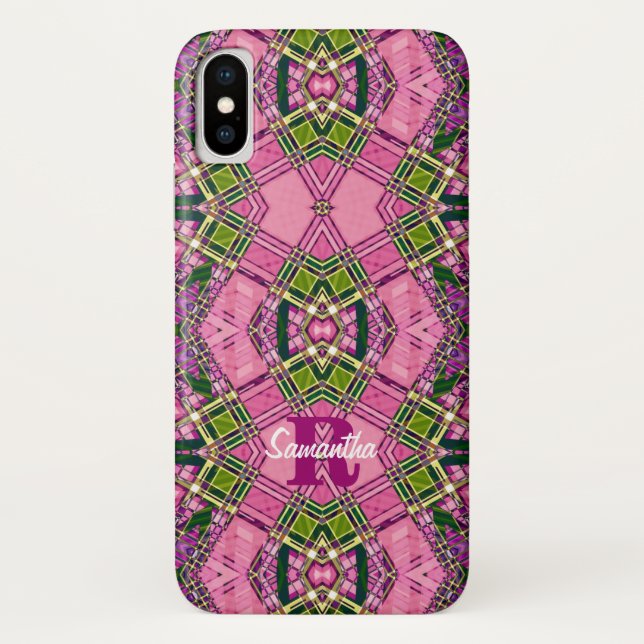 Capa Para iPhone, Case-Mate Padrão rosa e verde com espaço de nome personaliza (Verso)