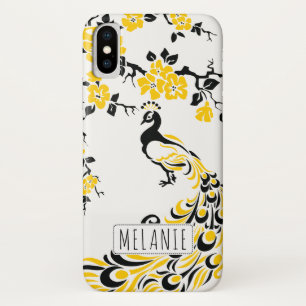 Capa Para iPhone X Pavão amarelo preto e cereja floresce arte nouveau