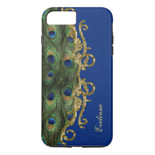 Capa iPhone 8 Plus/7 Plus Penas de Peacock com ornamento Dourado de Brilho A
