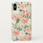 Capa Para iPhone X Pêssego e Feminina Rosa Floral<br><div class="desc">Um padrão floral de cor d'água belamente feminina de pêssego,  rosas rosa e esbranquiçada,  peões e flores de jardim. Você vai adorar mostrar seu telefone com este caso!</div>