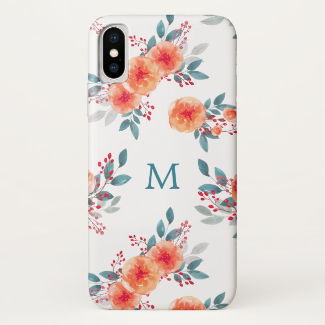 Capa Para iPhone, Case-Mate Pêssego Elegante e Monograma Floral Verde (Verso)