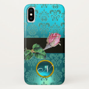 CAPA PARA iPhone X  PINK ROSEBUD JEWEL, BLUE TEAL GEM MONOGRAMA