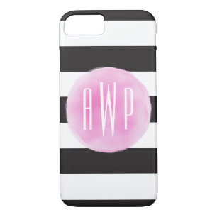 Capa iPhone 8/ 7 Preto cor-de-rosa Monogrammed da aguarela +