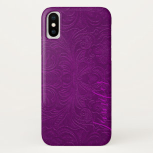 Capa Para iPhone X Purple Floral Faux Suede Leather Look Monograma