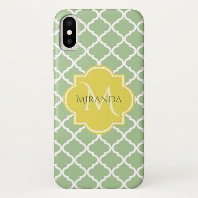 Capa Para iPhone, Case-Mate Quatrefoil Verde Chic Pastel Nome Amarelo Monogram (Verso)