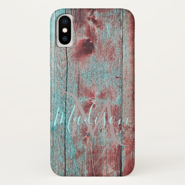 Capa Para iPhone, Case-Mate Red Blue Rustic Wood Nome inicial (Verso)