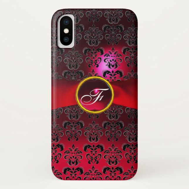 CAPA PARA iPhone, Case-Mate  RED BURGUNDY DAMASK RIBBON GEM MONOGRAM (Verso)