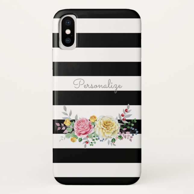 Capa Para iPhone, Case-Mate Rosa Floral Chic Trendy Black Stripes e nome (Verso)