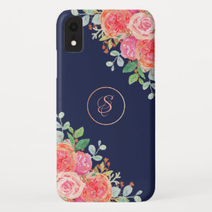 Capa Para iPhone Da Case-Mate Rosas De Aquarela Monograma De Glitter De Marinho