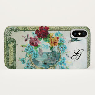 CAPA PARA iPhone X  ROSAS FLORAIS DO MONOGRAMA DE ROMANTICA E PÁSSARO