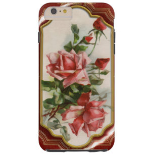 Capa Tough Para iPhone 6 Plus Rosas Vintage em Moldura de Enamel Vermelha e Dour