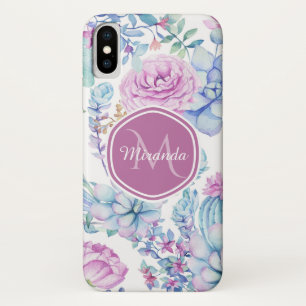 Capa Para iPhone X Roxo Elegante e Floral Suculente Azul com Nome
