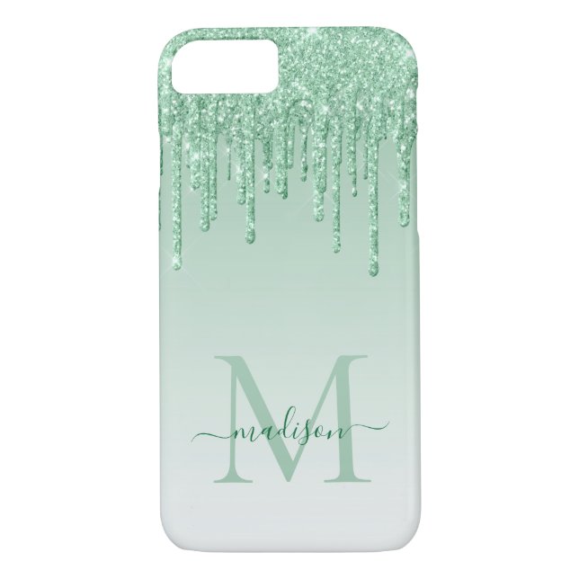 Capa Para iPhone, Case-Mate Script de Monograma do Minint Green Glitter Drives (Verso)