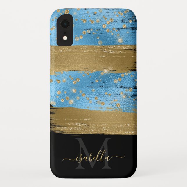 Capa Para iPhone, Case-Mate Script Dourado brilhante azul monograma (Verso)