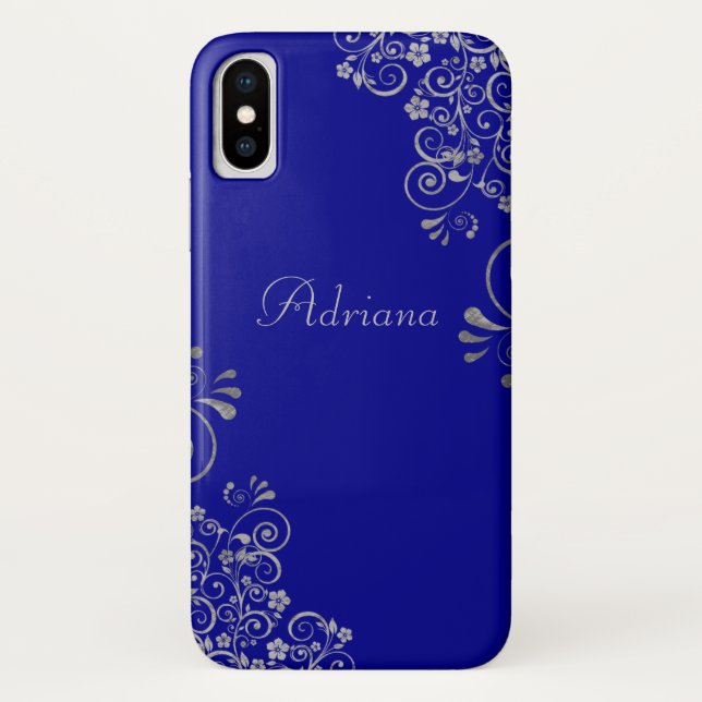 Capa Para iPhone, Case-Mate Script Personalizado de Swirls de Prata Azul Elega (Verso)