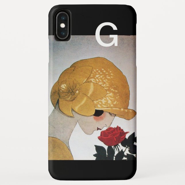 CAPA PARA iPhone, Case-Mate  SENHORA COM MONOGRAMA DECO DE ARTE ROSA VERMELHA (Verso)