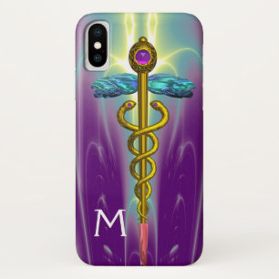 Capa Para iPhone X SÍMBOLO MÉDICO CADUCEU EM OURO Monograma Verde Rox
