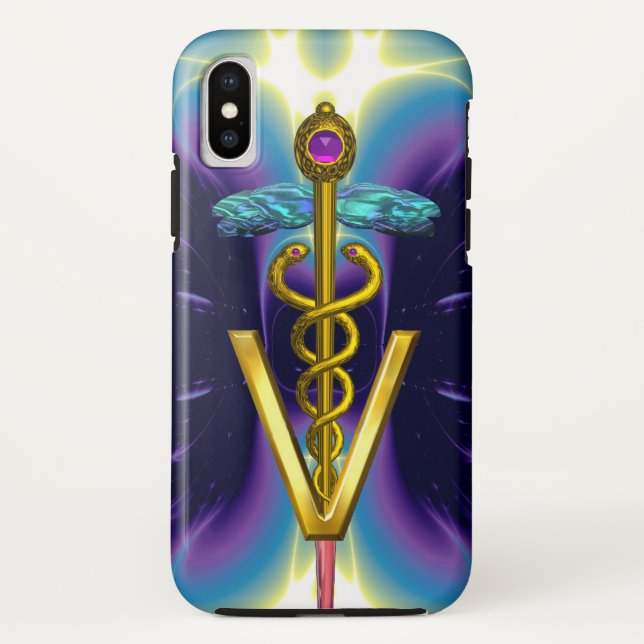 Capa Para iPhone, Case-Mate SÍMBOLO VETERINÁRIO CADUEUS ouro / Azul Roxo (Verso)