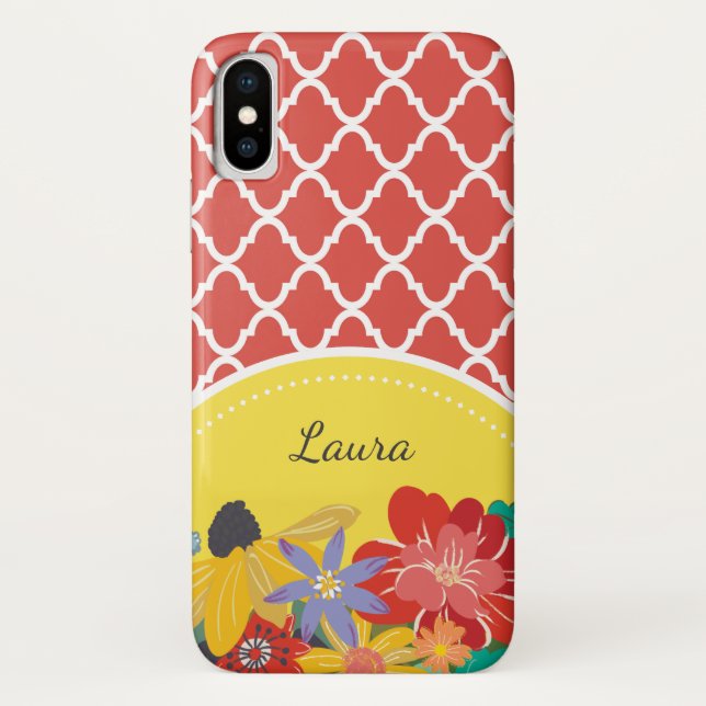 Capa Para iPhone, Case-Mate Summer Fiesta Red Floral Quatrefoil Com Nome (Verso)