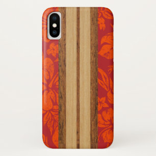 Capa Para iPhone X Sunset Beach Faux Wood Surfboard Havaiano Vermelho