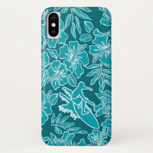 Capa Para iPhone X Teal de Surfe do Hibiscus do Surf Pareau Havaiano