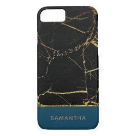 Capa iPhone 8/ 7 Teal Dourado de mármore preto personalizado modern