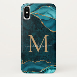 Capa Para iPhone Da Case-Mate Teal Verde Dourado Glitter Agate Gemstone Monogram