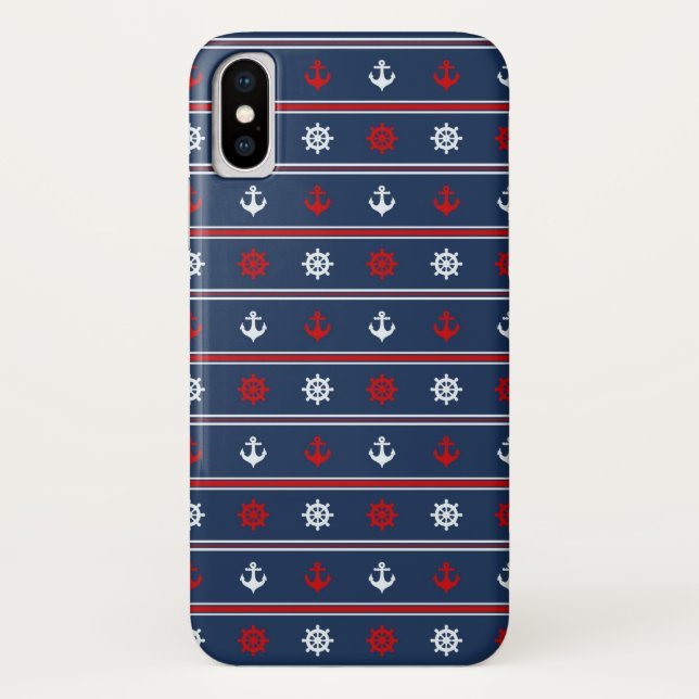Capa Para iPhone, Case-Mate Teste padrão náutico branco e azul vermelho (Verso)