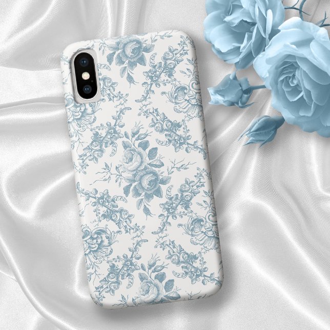 Capa Para iPhone, Case-Mate Torno Floral Branco e Azul gravado Elegante (Criador carregado)