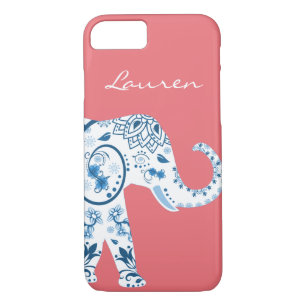 Capa iPhone 8/ 7 Trendy Chic Blue Bohemian Lotus Elephant & Name