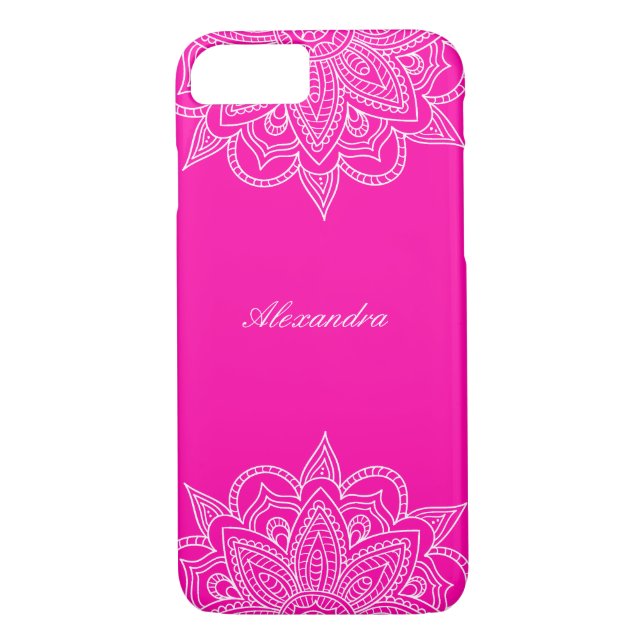 Capa Para iPhone, Case-Mate Trendy Modern Neon Pink & White Name Mandala Lace (Verso)