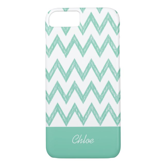 Capa Para iPhone, Case-Mate Trendy Pencil Mint Green Chevron Zigzags Com Nome (Verso)