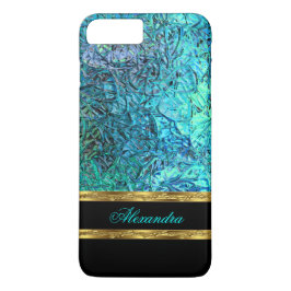 Capa iPhone 8 Plus/7 Plus Turquesa Elegante Azul-Teal Preto e Dourado