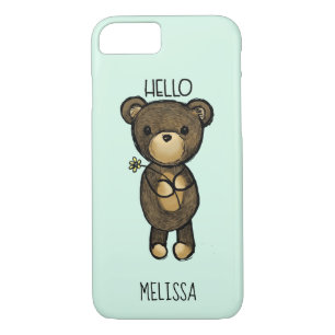 Capa iPhone 8/ 7 Urso castanho-branco, segurando uma flor amarela p