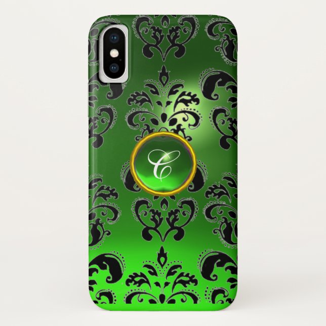 CAPA PARA iPhone, Case-Mate  VERDE NEGRA DAMASK EMERALD GEM MONOGRAMA (Verso)