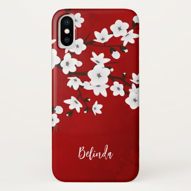 Capa Para iPhone, Case-Mate Vermelho Monograma do Floral White Cherry Blossom (Verso)