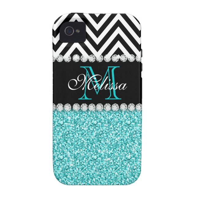 CAPA PARA iPhone, Case-Mate  VIGA DO PRETO DO BRILHO DO AQUA MONOGRAMMED (Traseira)
